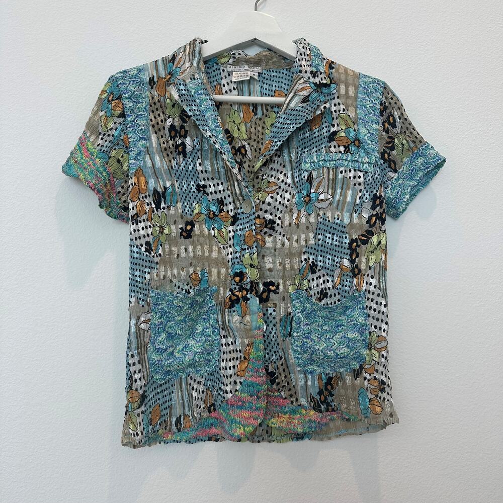 Vintage combo floral polka dot colorful short sleeve collared blouse medium